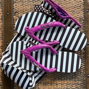 Henri Bendel Magenta Flip Flops with Black and White Stripes